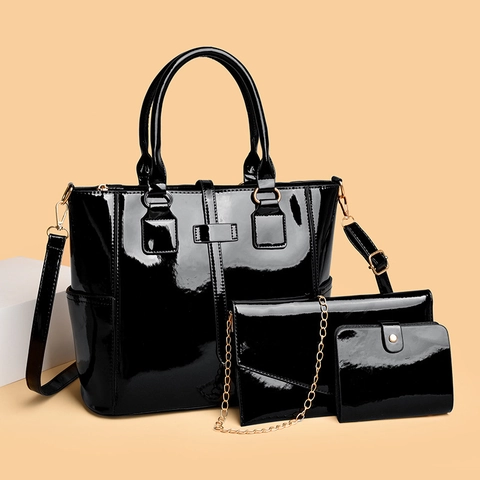 Elegante Borsa Tote In Vernice Lucida E Borsa A Tracolla Con Catena E Portafoglio Per Donna Grande Capacità Borse Da Ufficio A Spalla