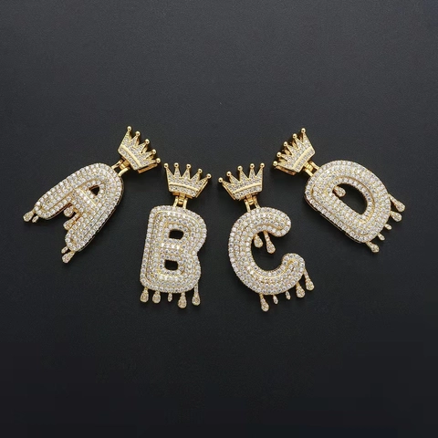 Iced Out Drip Buchstabe Anhänger Halskette Mit Krone Kupfer Zirkonia Rope Chain Hip Hop Streetwear Schmuck