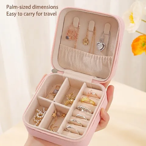 Portable PU Leather Jewelry Organizer Box Small Travel Storage Case For Earrings Necklaces Rings Zipper Display Mini Case