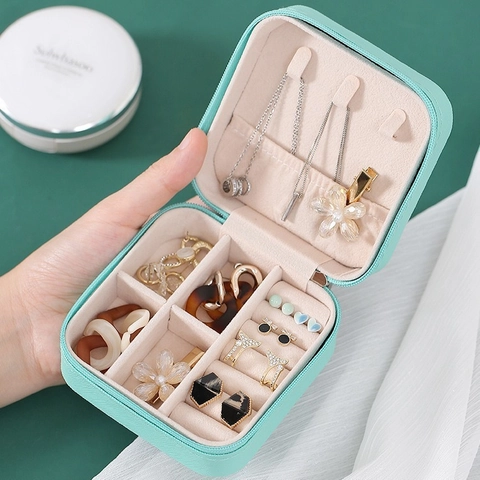 Portable PU Leather Jewelry Organizer Box Small Travel Storage Case For Earrings Necklaces Rings Zipper Display Mini Case