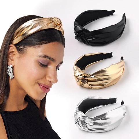 Fashion Metallic PU Leather Knotted Headband For Women Wide Border Twisted Knot Hair Band Shiny Laser Daily Hair Styling Accessory