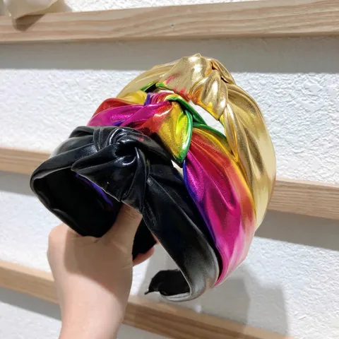 Fashion Metallic PU Leather Knotted Headband For Women Wide Border Twisted Knot Hair Band Shiny Laser Daily Hair Styling Accessory