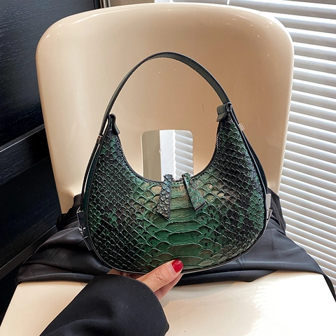 Fashion Women PU Leather Snake Skin Texture Crescent Underarm Bag Vintage Crocodile Pattern Small Half Moon Hobo Handbag