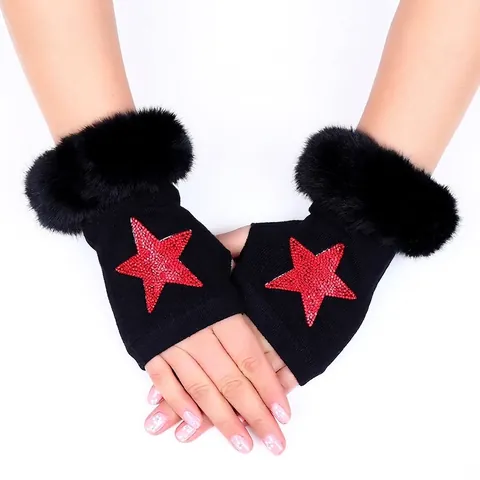 Guanti Senza Dita In Misto Cotone Con Bordo In Ecopelliccia Motivi In Strass Croce Cuore Stella Danza Moda Donna