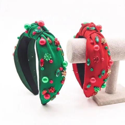 Cerchietto Per Capelli Natalizio In Tessuto Annodato Con Strass E Künstliche Perle Artificiali Accessori Per Feste Donna