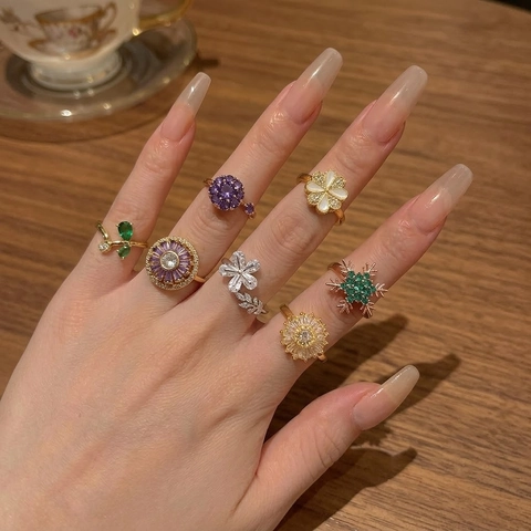 Rotating Flower Four Leaf Clover Open Ring For Women Alloy Zirconia Inlaid Adjustable Stress Relief Spinner Finger Ring Jewelry