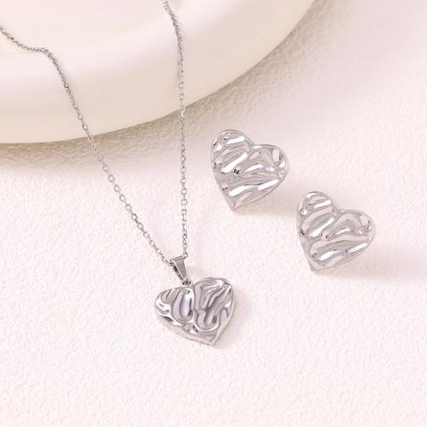 Collana Con Ciondolo A Cuore In Acciaio Inossidabile Texture Lava Martellata E Orecchini A Lobo Gioielli Di Moda Eleganti