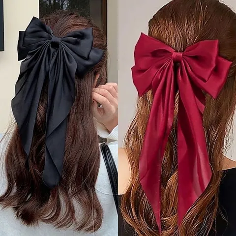 Oversized Satin Bow Hair Clip With Long Streamers Solid Color French Retro Style Elegant Spring Clip Headwear For Women