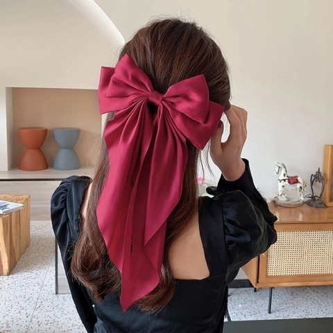 Oversized Satin Bow Hair Clip With Long Streamers Solid Color French Retro Style Elegant Spring Clip Headwear For Women