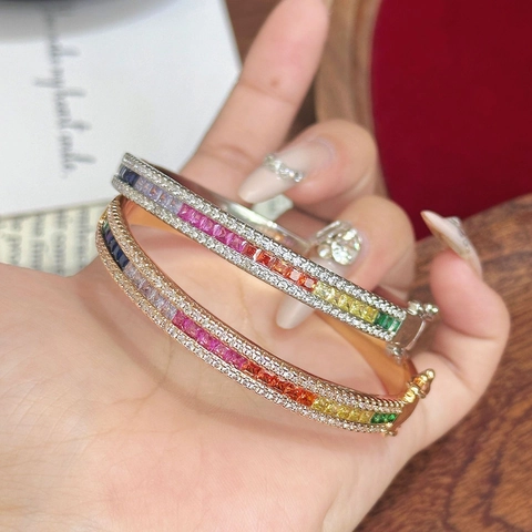 Rainbow Gemstone Bangle Copper Bracelet Square Cut Colorful Cubic Zirconia Micro Pave Jewelry For Women