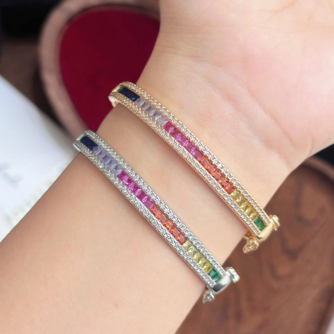 Rainbow Gemstone Bangle Copper Bracelet Square Cut Colorful Cubic Zirconia Micro Pave Jewelry For Women