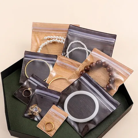 PVC Anti-Oxidation Schmuck Aufbewahrungstasche Holzmaserung Selbstschließender Beutel Für Ringe Ohrringe Halskette Perlen Antiquitäten Organizer