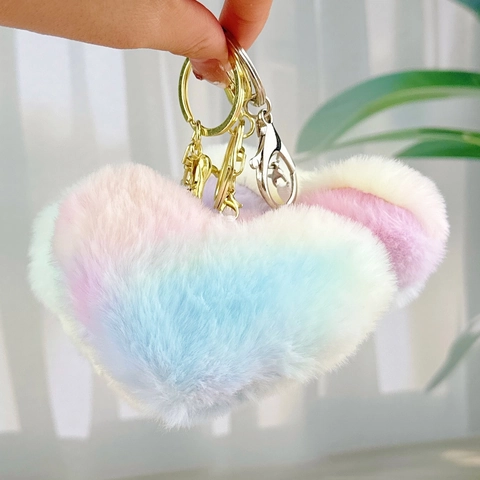 Porte-clés Cœur En Peluche Dégradé Arc-en-ciel Fausse Fourrure Macaron Charme De Sac Crochet Alliage