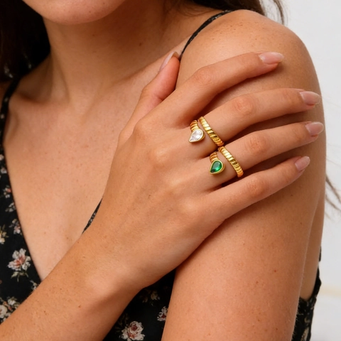 Birnenschliff Edelstein Offener Ring Edelstahl Spirale Gedrehtes Band Verstellbar Vergoldet Eleganter Schmuck Für Damen