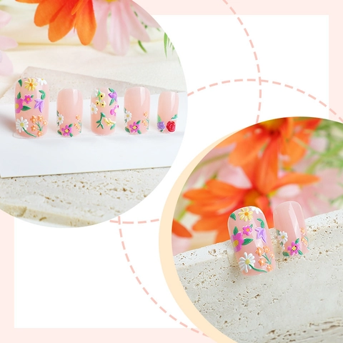 Blumige 3D Geprägte Press On Nägel Nude Rosa Künstliche Falsche Nägel Lange Quadratische Französische DIY Maniküre