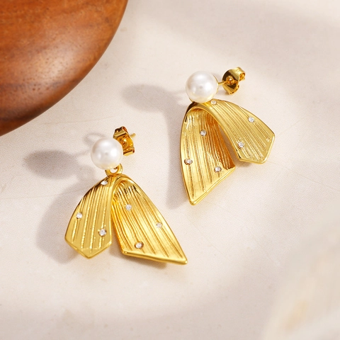 Stainless Steel 18K Gold Plated Irregular Line Drop Earrings With Artificial Pearl And Rhinestone For Women Fashion Jewelry