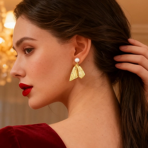 Pendientes Colgantes De Abanico Vintage Acero Inoxidable Chapado En Oro De 18K Con Perla Artificial Y Zircón Joyería Elegante Para Mujer