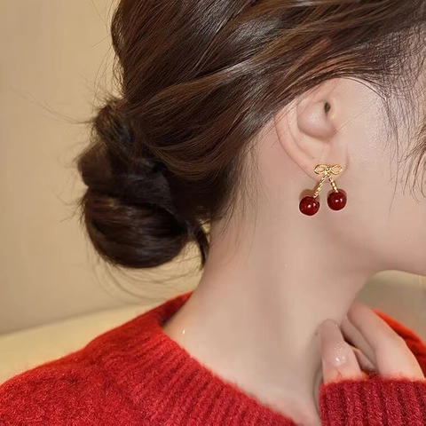 Cherry Bow Stud Earrings Gold Plated Copper With 925 Sterling Silver Earring Post Red Enamel Fruit Vintage Jewelry Women