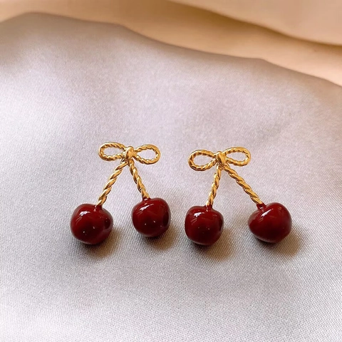 Cherry Bow Stud Earrings Gold Plated Copper With 925 Sterling Silver Earring Post Red Enamel Fruit Vintage Jewelry Women