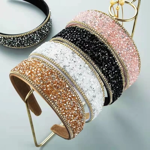 Wide Padded Headband For Women Full Rhinestone Crystal Beaded Elegant Luxury Vintage Hair Accessory Non-Slip Design