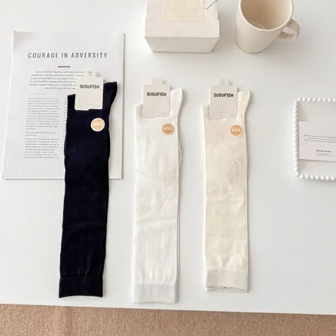 Women Calf Socks Mulberry Satin Viscose Blend Breathable High Elasticity Ribbed Cuff Solid Color JK Style Knee High