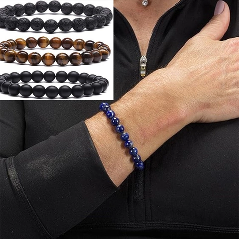 Bracciale Di Perle In Pietra Naturale Roccia Lavica Occhio Di Tigre Agata Tondo Elastico Energia Guarigione Gioielli Per Donna Uomo