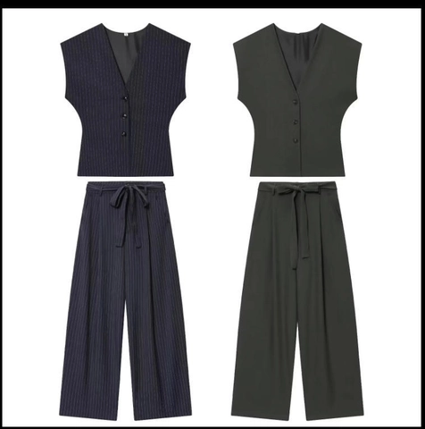 Women Waistcoat And Wide Leg Trousers Polyester Pinstripe Solid Business Casual Office Sleeveless Elegant Belted