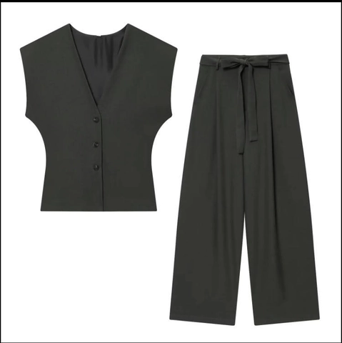 Women Waistcoat And Wide Leg Trousers Polyester Pinstripe Solid Business Casual Office Sleeveless Elegant Belted