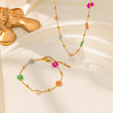 Collana E Bracciale Con Fiori Di Perline Colorate Acciaio Inossidabile Gioielli Estivi Dolci E Vivaci Per Donne