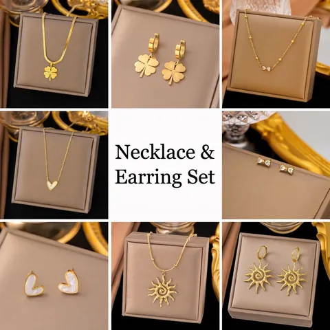 Minimalist Fashion Jewelry Set Gold Plated Titanium Steel Necklace And Earrings For Women Heart Butterfly Clover Style