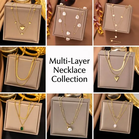 Collier Multirang Acier Titane Plaqué Or 18K Künstliche Perle Pendentif Coeur Bijoux Élégants Minimalistes Pour Femmes Accessoire Mode