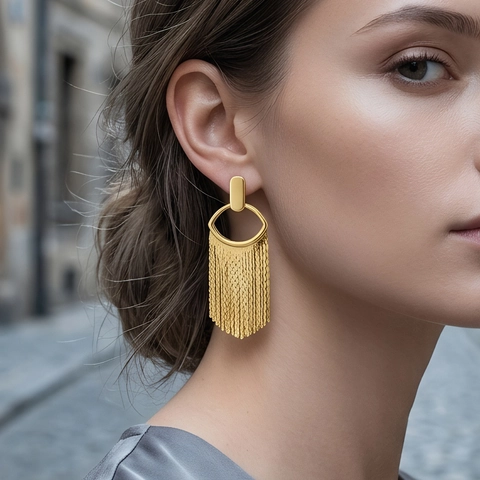 Industriële Stijl Koper Verguld Kwastje Oorbellen En Zirconia Creolen Elegant Lichte Luxe Sieraden Voor Vrouwen Feest