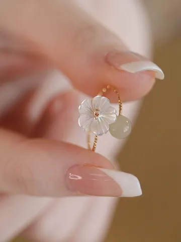 14K Gold Filled Natural Hetian Jade Open Ring For Women Vintage Mother Of Pearl Flower Butterfly Adjustable Finger Ring Elegant Jewelry