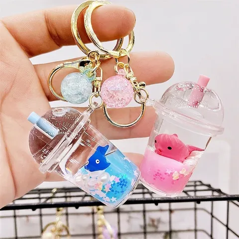 Milk Tea Cup Liquid Quicksand Keychain Floating Ocean Animal Acrylic Bag Pendant Sequins Key Ring Glitter Decorative