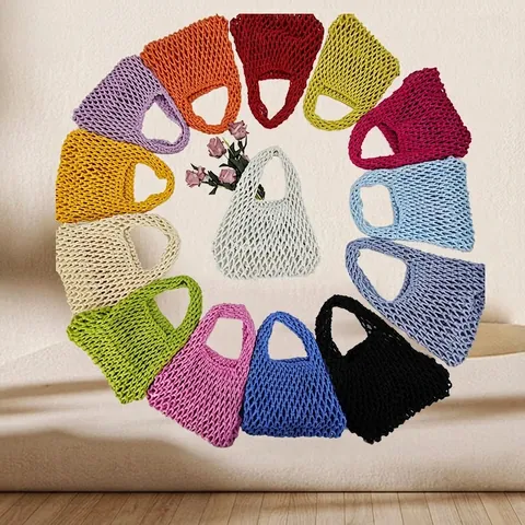 Handmade Woven Mesh Handbag Cotton Rope Hollow Out Bucket Bag For Beach Vacation Casual Candy Color Women