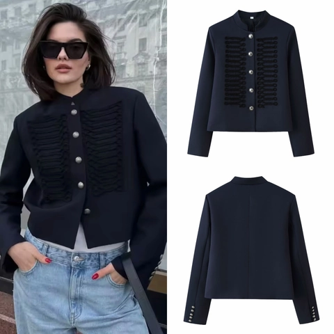 Giacca Stile Militare Da Donna Collo Alto Cappotto Corto Bottoni In Metallo Argentato Decorazione Intrecciata Vintage Blu Notte