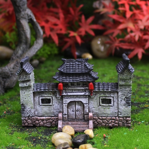 Miniature Chinese Ancient Gate Ornament Resin Stone Texture Garden Decor Red Lantern Micro Landscape Bonsai Accessory