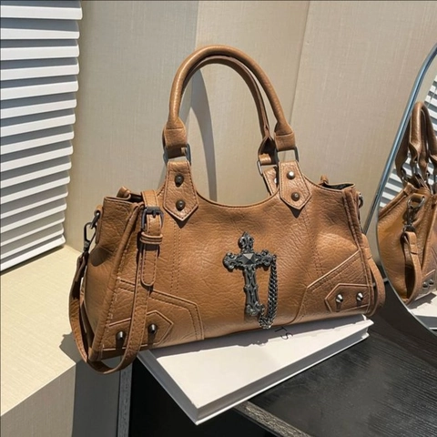 Gothic Cross Pendant Motorcycle Handbag PU Leather Rivet Punk Rock Shoulder Crossbody Bag For Women Retro Niche Underarm Bag