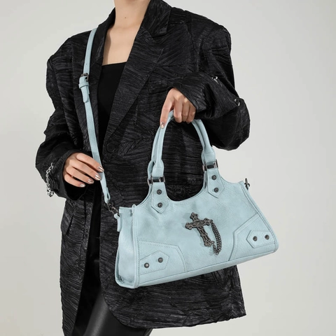 Gothic Cross Pendant Motorcycle Handbag PU Leather Rivet Punk Rock Shoulder Crossbody Bag For Women Retro Niche Underarm Bag
