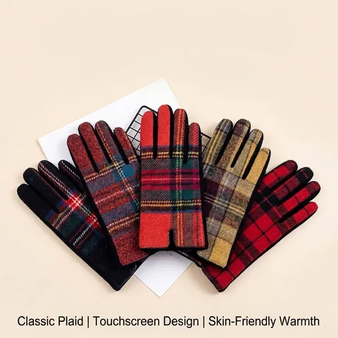 Women Winter Warm Touchscreen Gloves Scottish Tartan Plaid Pattern Wool Cotton Blend Full Finger Outdoor Cold Weather