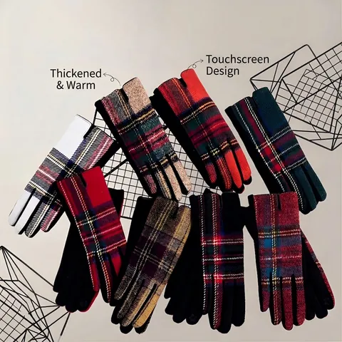 Women Winter Warm Touchscreen Gloves Scottish Tartan Plaid Pattern Wool Cotton Blend Full Finger Outdoor Cold Weather