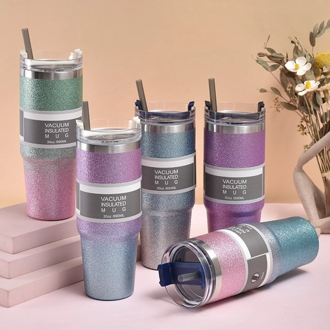 Gradient Glitter Vacuum Insulated Tumbler Stainless Steel Double Wall Travel Mug With Straw And Lid Portable Car Cup