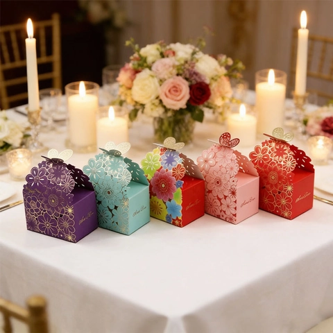 Laser Cut Hollow Flower Favor Holder With Butterfly Top Special Paper Candy Gift Packaging For Wedding Party Celebration