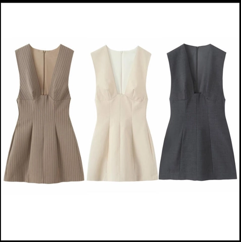Women Sleeveless Mini Dress Deep V Neck Vertical Stripe A-Line High Waist Back Zipper Stretch Polyester Slim Fit