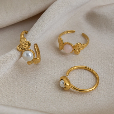 Anello Regolabile Fiore Perla Artificial Acciaio Inossidabile Placcato Oro 18K Pietra Rosa Impermeabile Ipoallergenico Gioielli