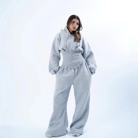 Korsett Taille Kapuzenpullover Und Weite Hose Trainingsanzug Streetwear Laternenärmel Kordelzug Kapuze Casual Lounge Wear