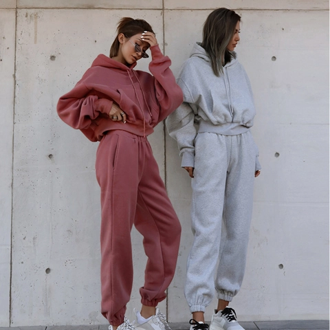 Women Casual Hoodie Tracksuit Set Solid Color Long Sleeve Top And Bottom Cropped Sweatshirt Joggers Autumn Winter Sporty Set
