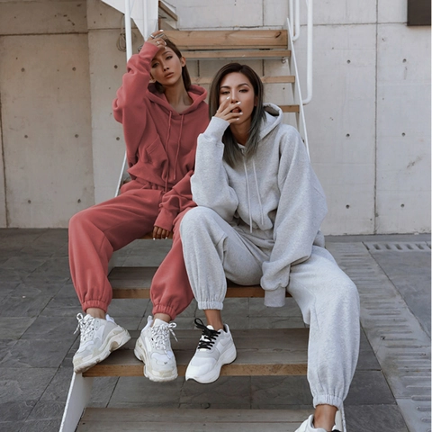 Women Casual Hoodie Tracksuit Set Solid Color Long Sleeve Top And Bottom Cropped Sweatshirt Joggers Autumn Winter Sporty Set