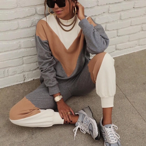 Dames Sweatshirt En Joggingbroek Color Block Katoenmix Loungewear Casual Lange Mouwen Chevron Patchwork