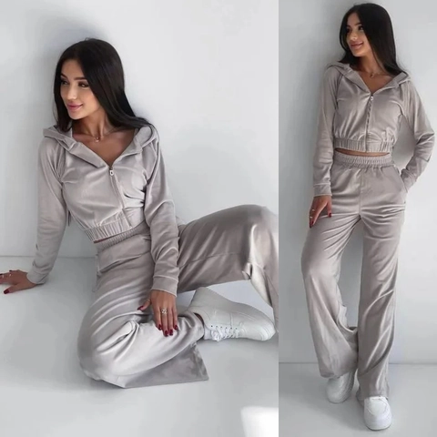 Women Top And Bottom Polyester Velvet Look Casual Sporty Hooded Zipper Crop Top Wide Leg Pants Autumn Winter Streetwear
